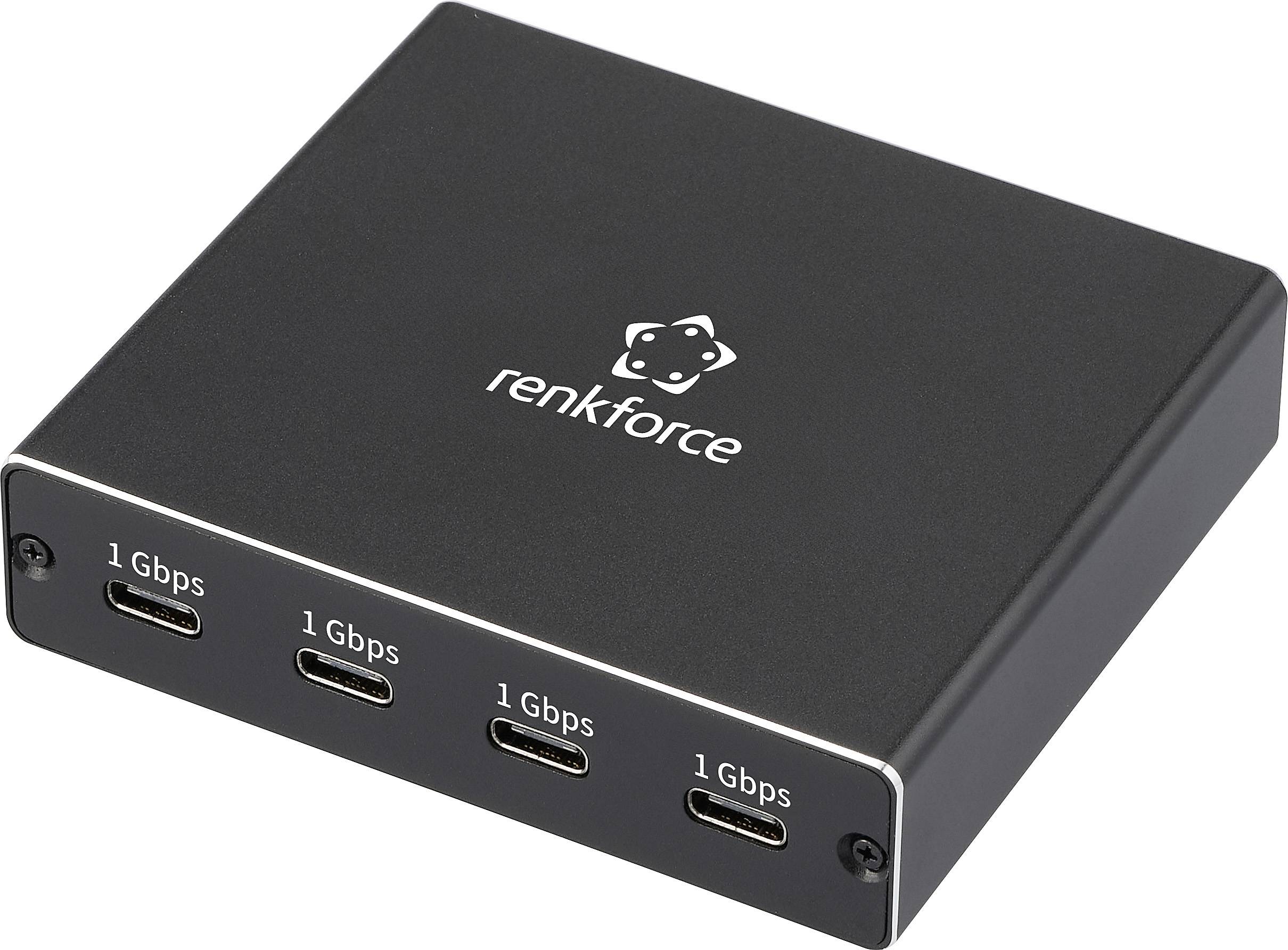 'Renkforce' branded black rectangular hub with four labeled '1 Gbps' USB-C ports on one side.