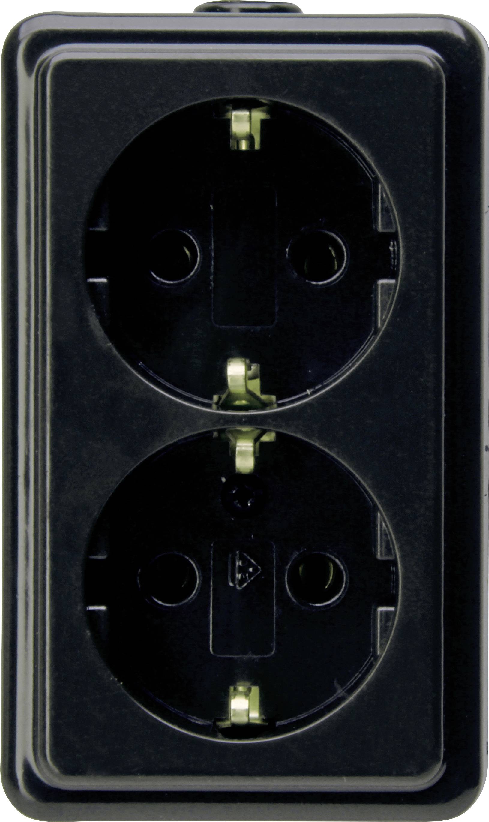 A black double electrical socket with two round outlets, suitable for European plugs, mounted on a wall plate.