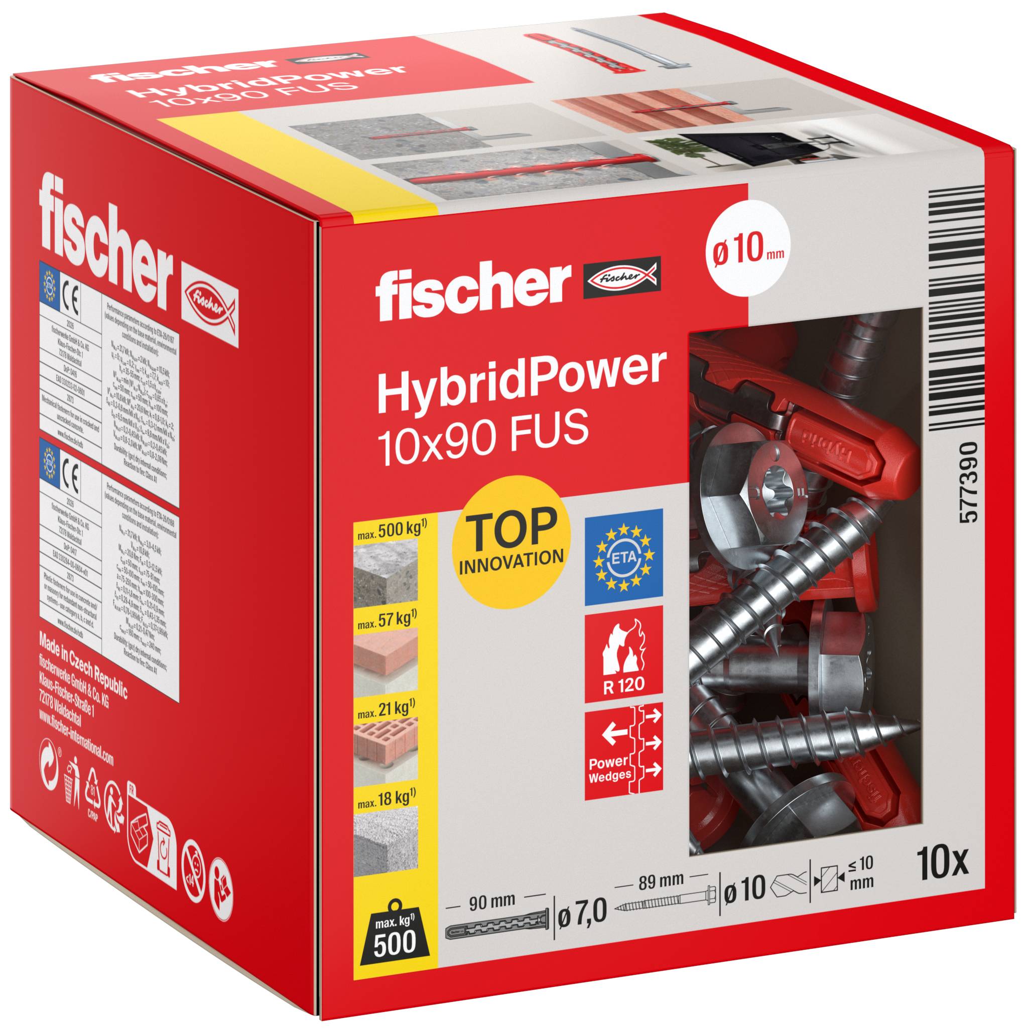 Red Fischer HybridPower 10x90 FUS wall plug box with product specs and a visible anchor insert through the front window.
