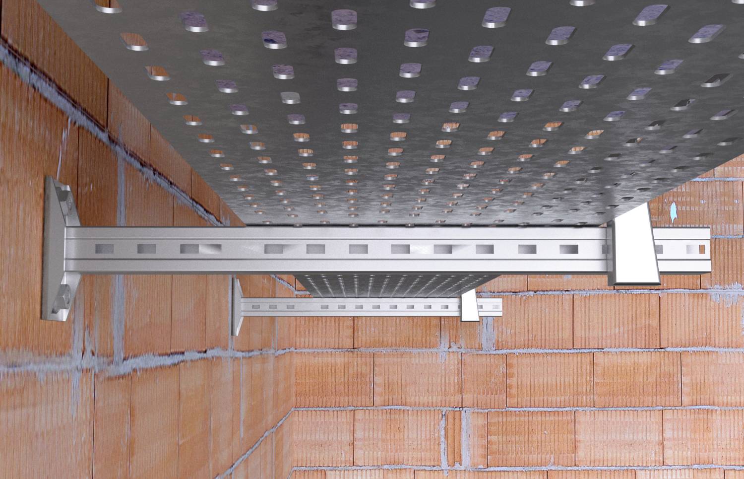 Steel support brackets attached to a brick wall with a perforated steel shelf above, demonstrating wall-mounted shelving installation.