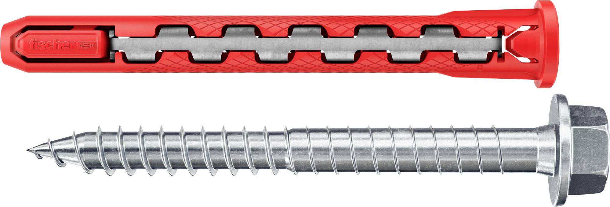 A red wall anchor and a gray screw are shown side by side, highlighting their design and compatibility for masonry applications.
