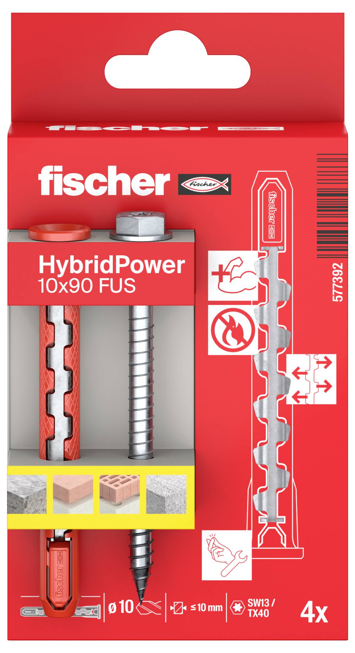 The image shows Fischer HybridPower wall plug packaging, size 10x90 FUS, suitable for concrete and brick. Includes four pieces.