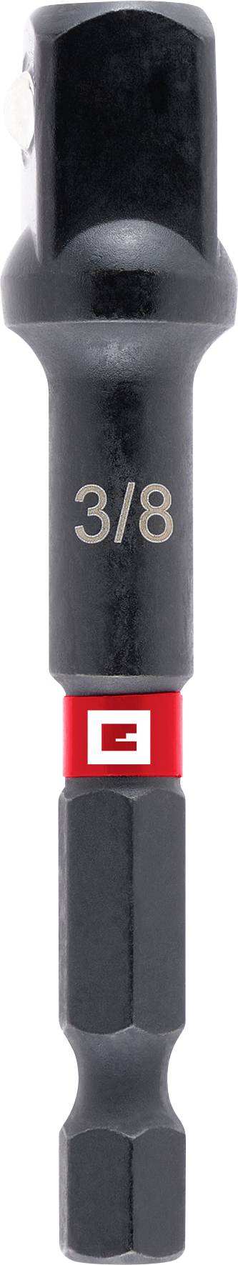 A black socket adapter with '3/8' marking, used for connecting drill bits to sockets, featuring a hex shank.