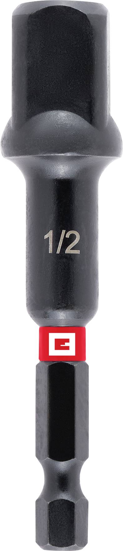 A hex shank socket adapter marked with '1/2', featuring a red and white band near the base, suitable for use with power drills.