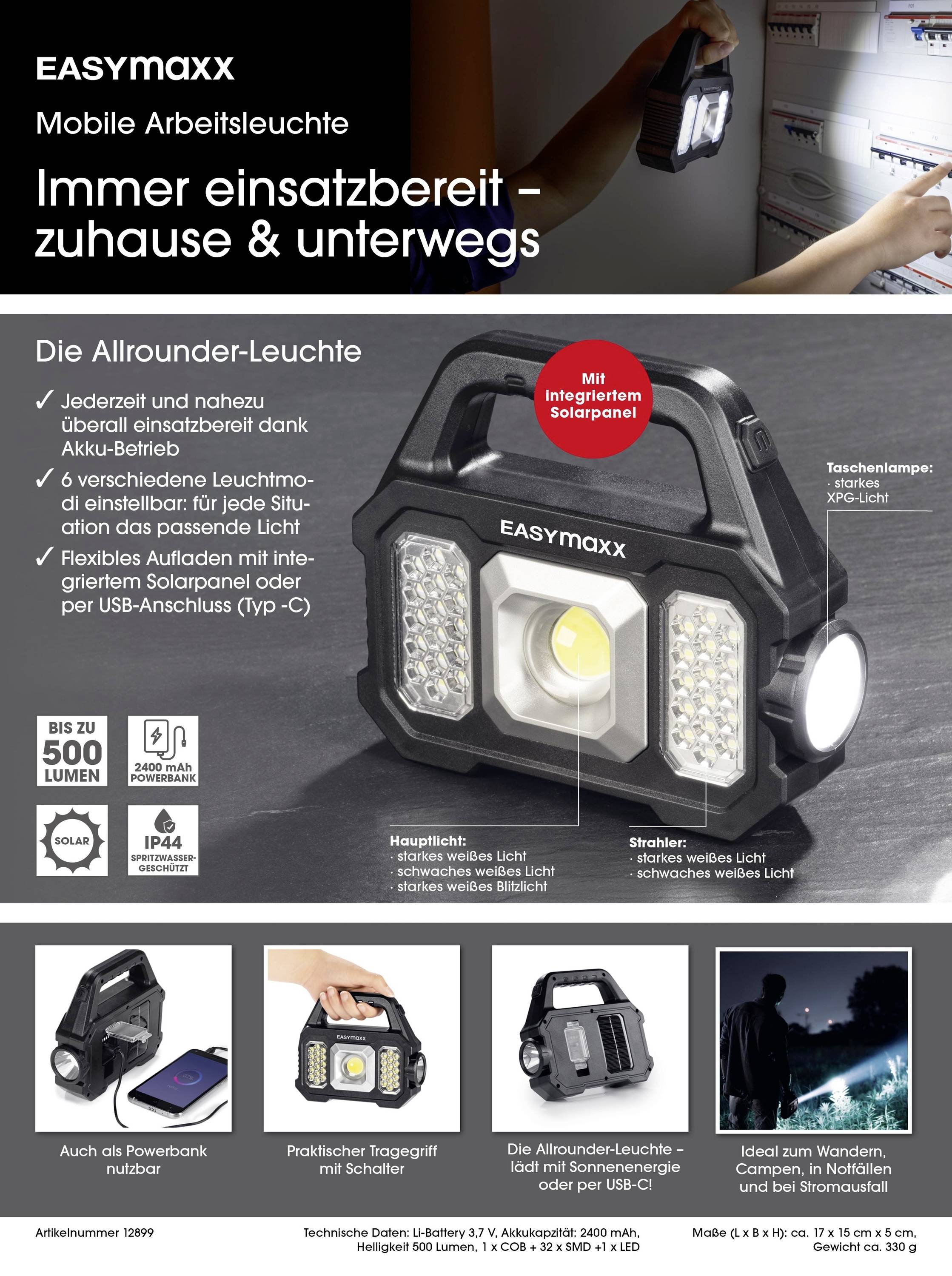 easymaxx 12899 LED (monochrome), COB LED Work light rechargeable, solar-powered