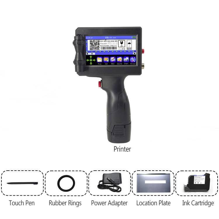 Handheld inkjet printer with a touchscreen display and accessories below: touch pen, rubber rings, power adapter, location plate, ink cartridge.