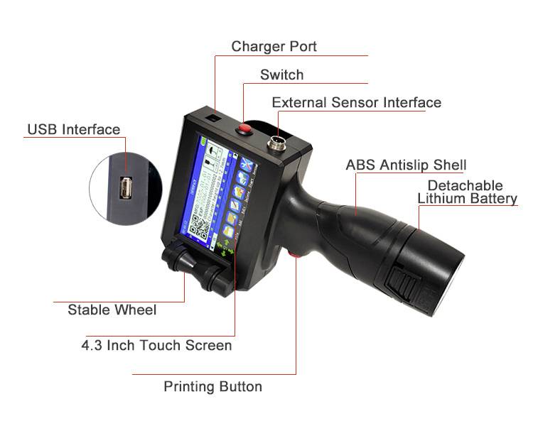 Handheld device with a 4.3-inch touch screen, USB interface, and external sensor interface. Features include a charger port, switch, detachable lithium battery, ABS antislip shell, printing button, and stable wheel.