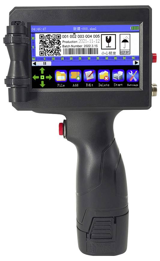 A handheld printing device with a color touchscreen displaying a user interface and QR code. Various function icons are visible.