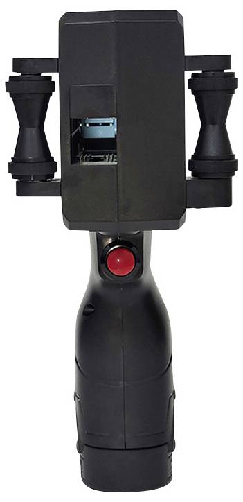 A black handheld device with buttons and a visible screen slot, possibly for scanning or electronic reading purposes.