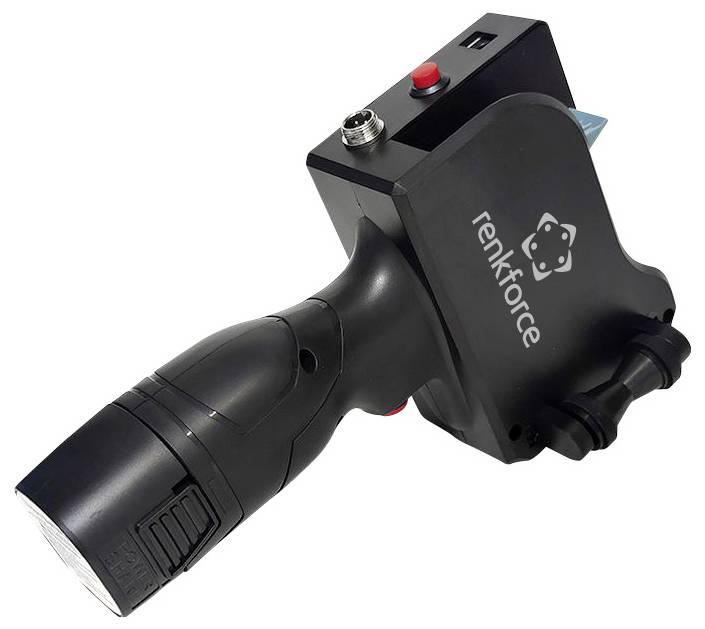Handheld portable inkjet printer with 'renkforce' logo, featuring a grip handle, power button, and nozzle, used for direct printing.