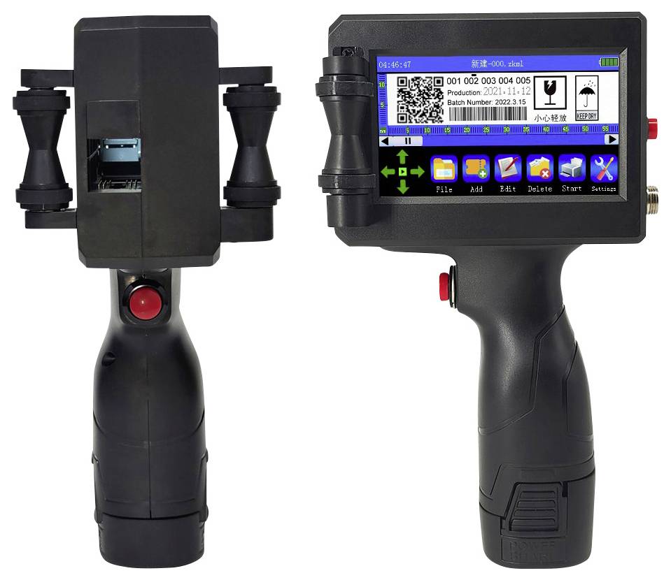 Handheld printer with a color touchscreen displaying text and icons. Printer head and control buttons are visible.