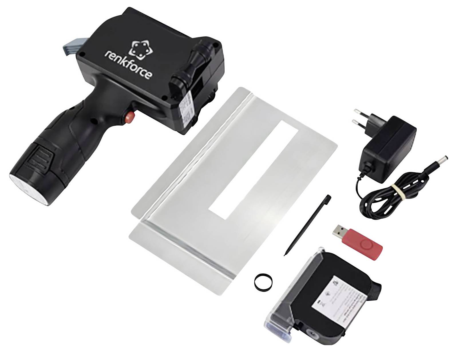 Handheld Rankforce label printer kit with labels, stylus, power adapter, USB drive, ink cartridge, and O-ring on a white background