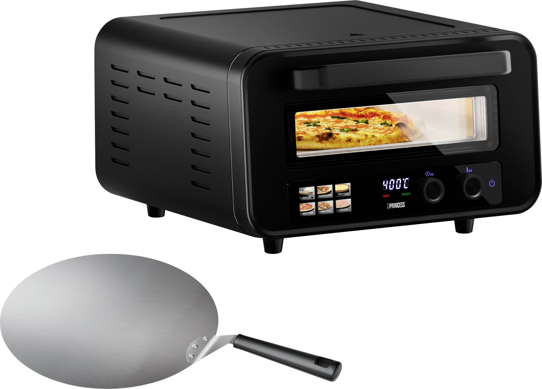 A black countertop pizza oven with a glass door shows a pizza cooking inside. It displays '400℉' on a digital screen. A round pizza peel is placed beside it.