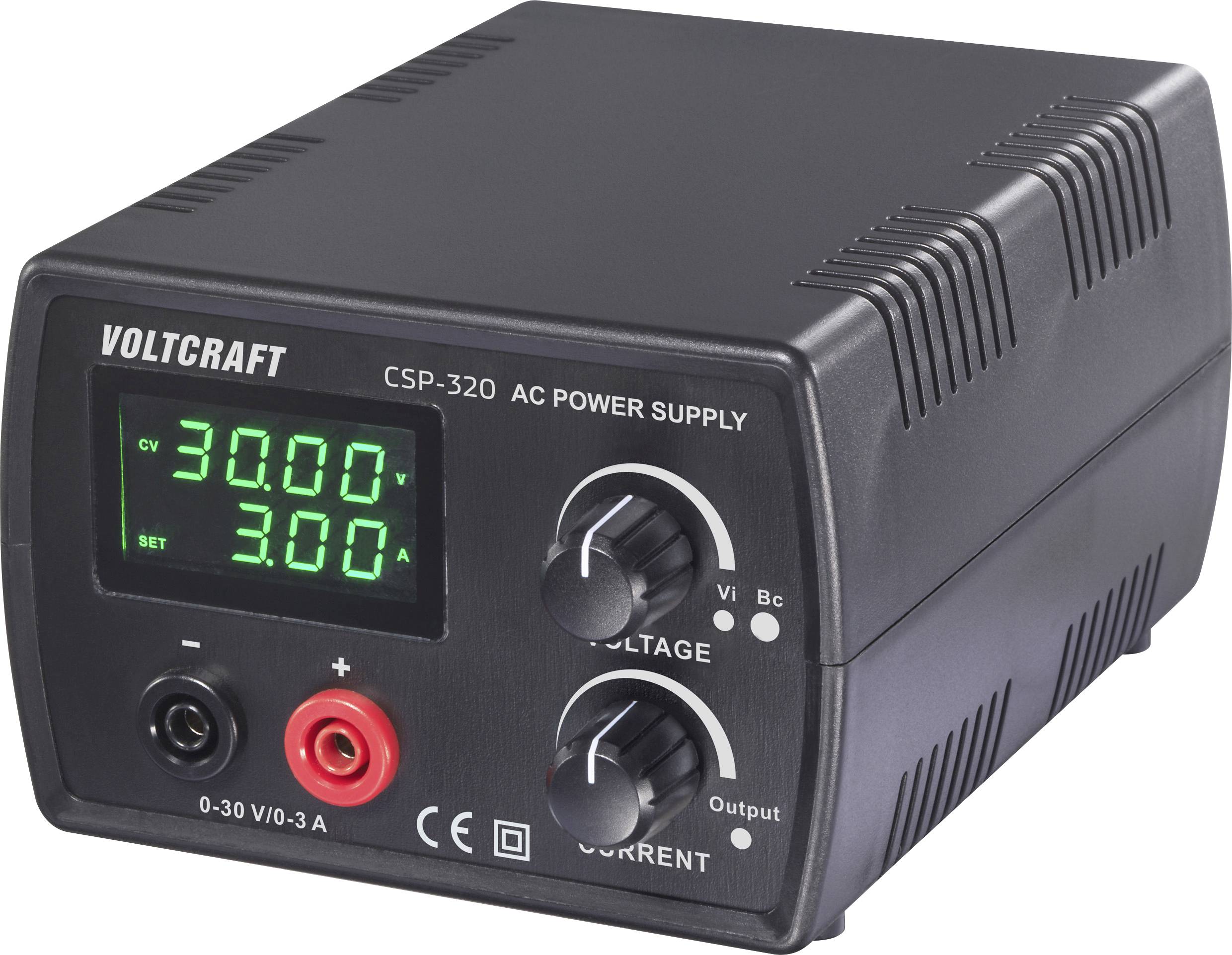 'Voltcraft CSP-320 AC power supply' with two knobs labeled 'Voltage' and 'Current', digital display shows '30.00V' and '3.00A'.