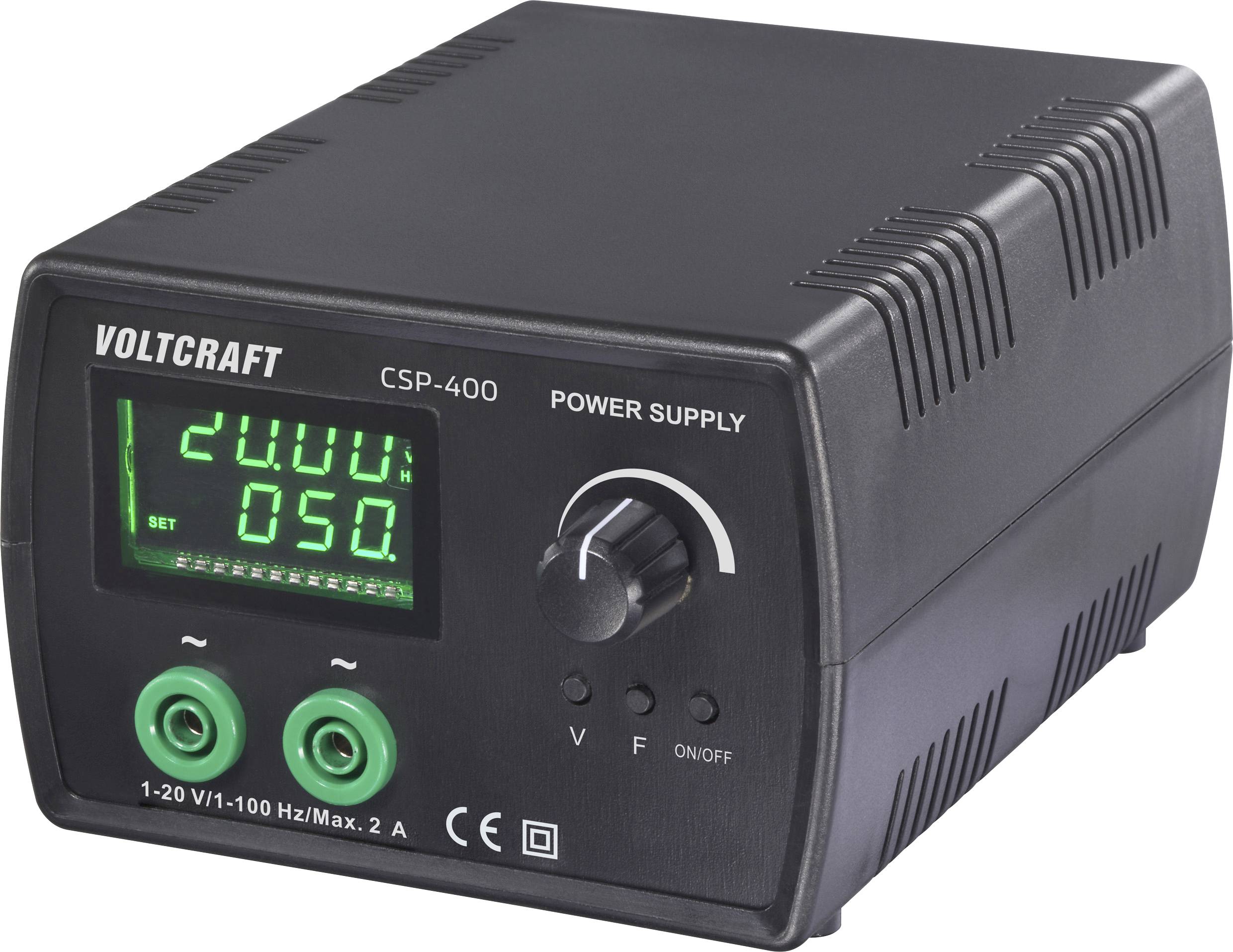 A black Voltcraft CSP-400 power supply displaying '20.00V' and '050' on its digital screen with a central knob for adjustment.