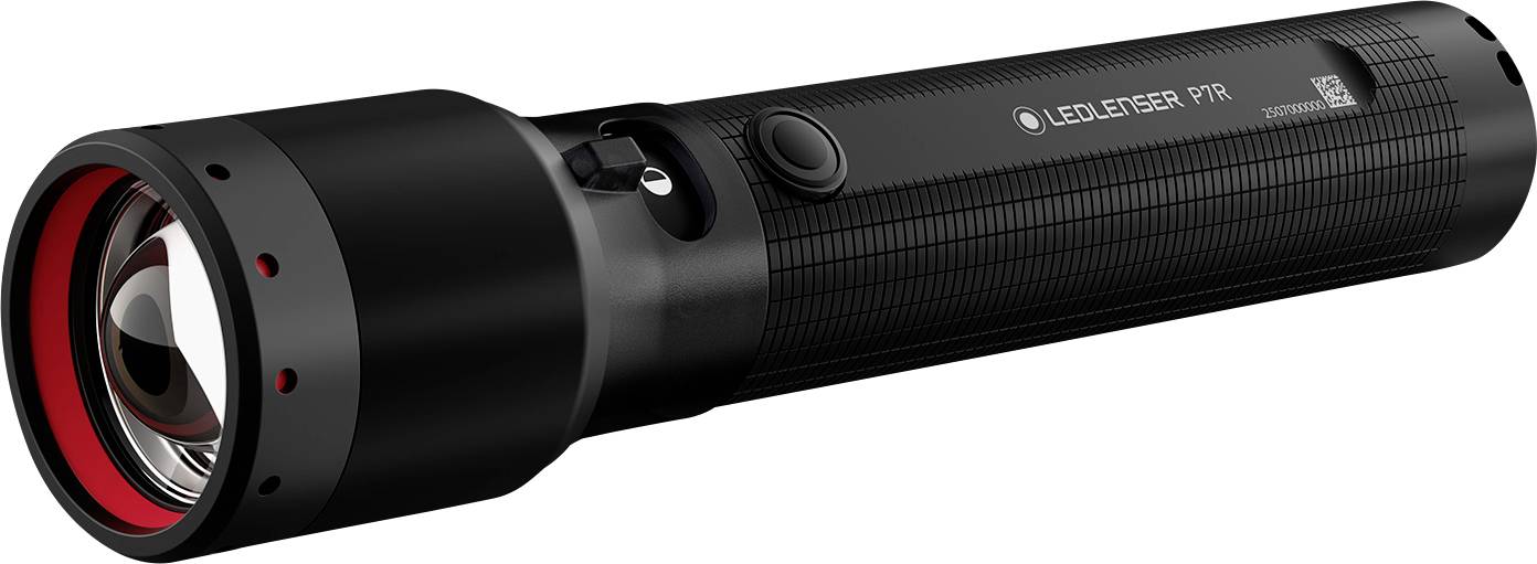 A black LED flashlight with a textured grip and red accents on the lens. The brand 'LED Lenser' and model 'P7R' are printed on the side.
