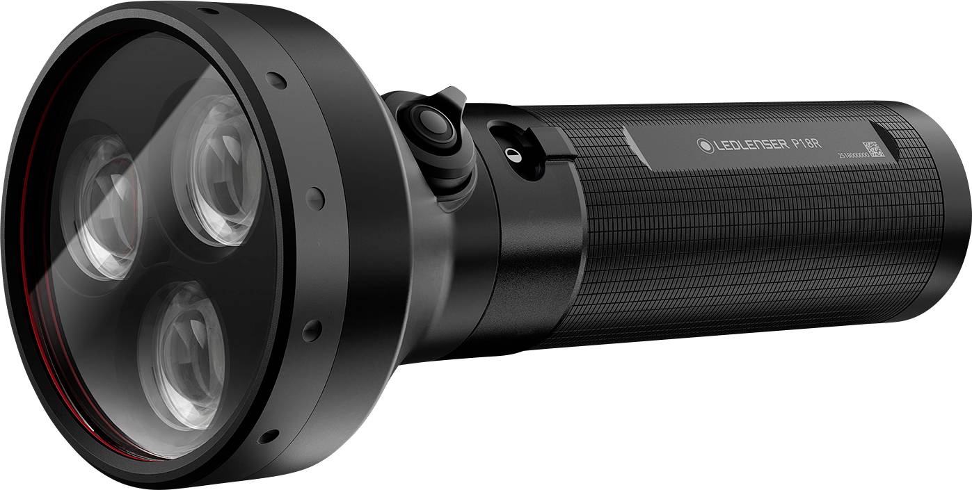 A black, cylindrical flashlight with three large lens openings at the front, featuring a textured grip and a power button on the side.