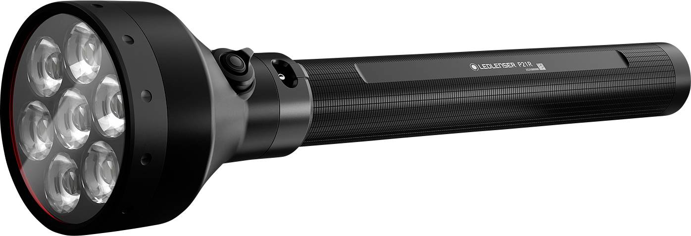 A black flashlight with multiple LED bulbs, featuring a textured grip and side button for activation.