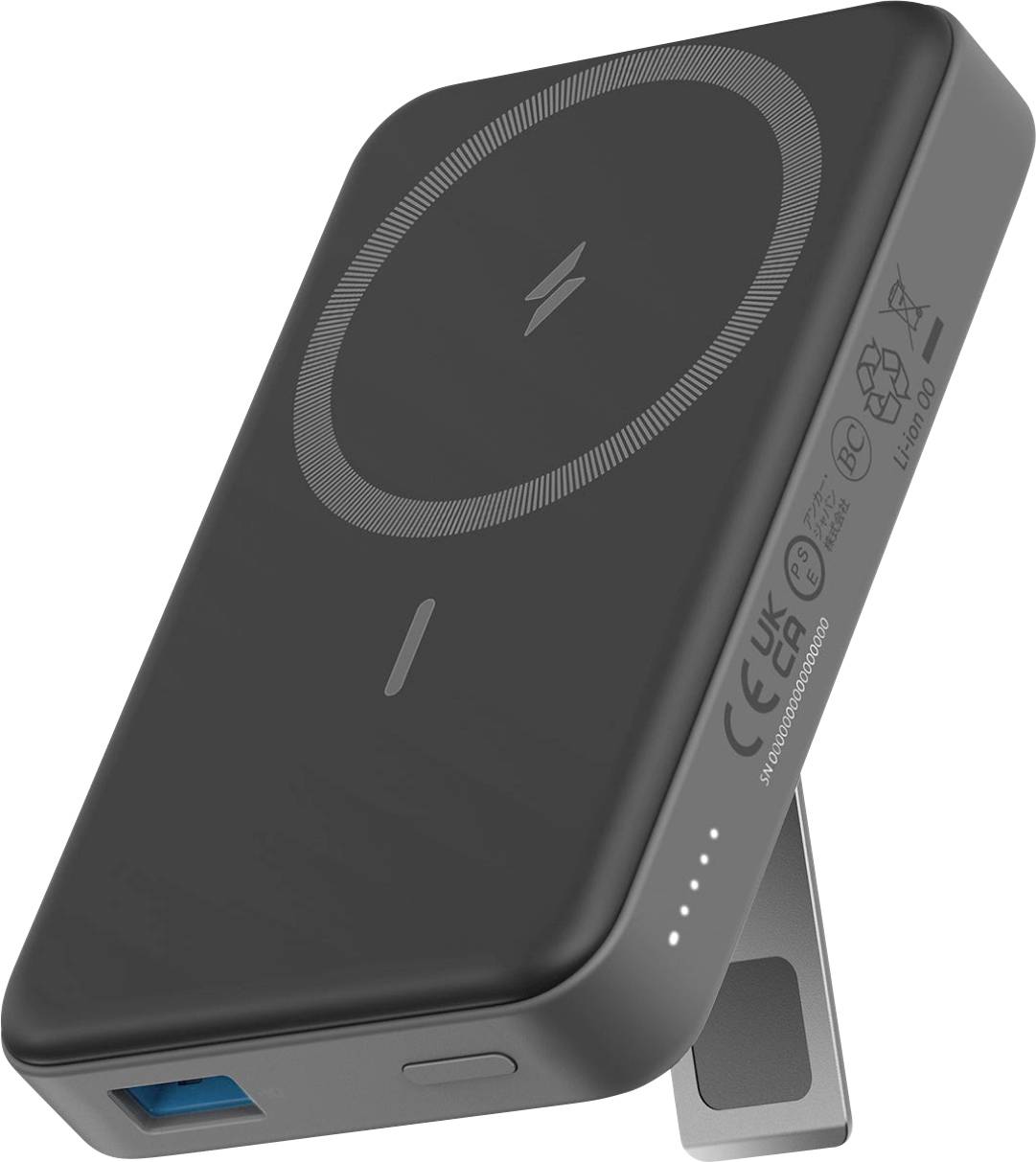 A black portable power bank with a ring for wireless charging on top, a USB port on the side, and an angled stand for support.