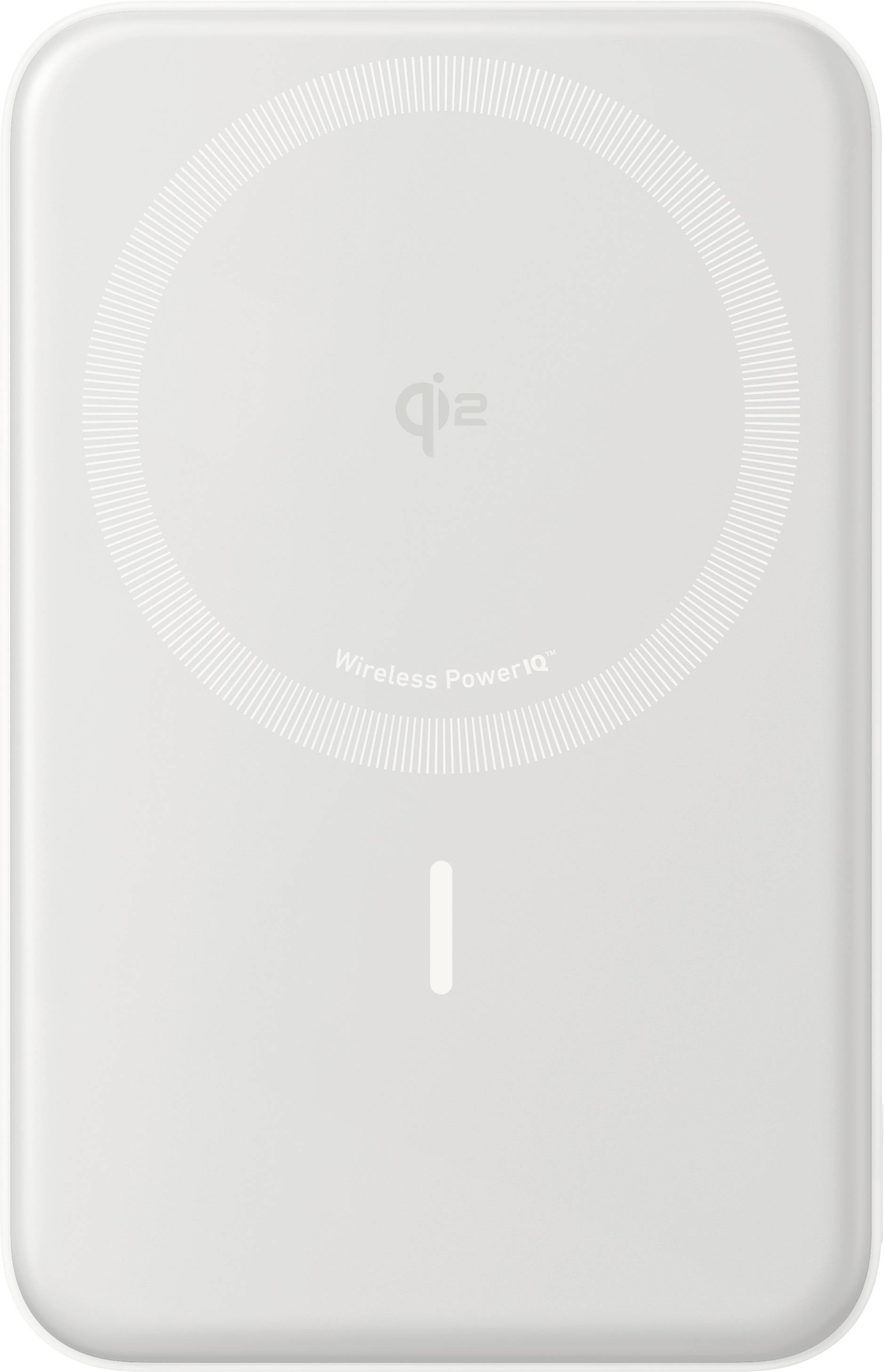 A white wireless charging pad with 'Qi2' logo and 'Wireless PowerIQ' text, featuring a circular design indicating the charging area.