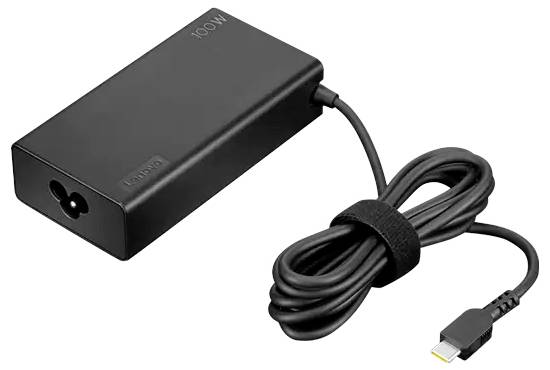A black 100W power adapter with a coiled cable and a USB-C connector, suitable for charging electronic devices like laptops.