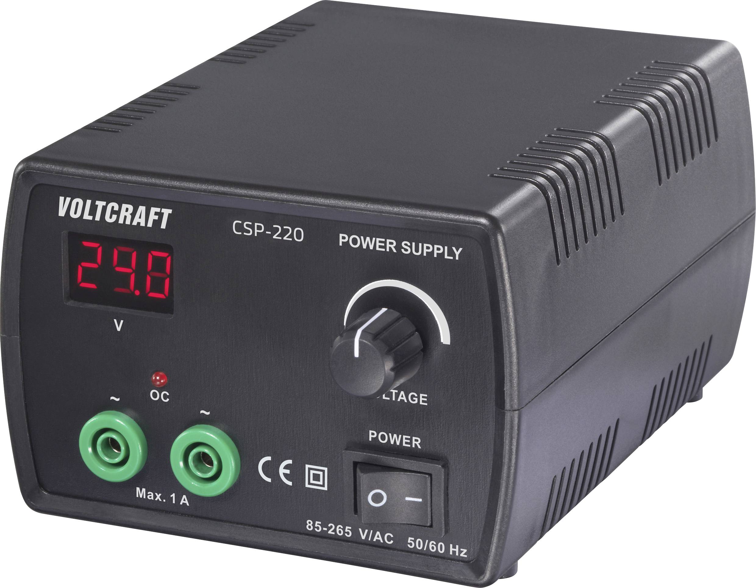 'Voltcraft CSP-220 power supply' with red LED display showing '29.8 V', dial for voltage adjustment, green sockets, power switch, CE marking.