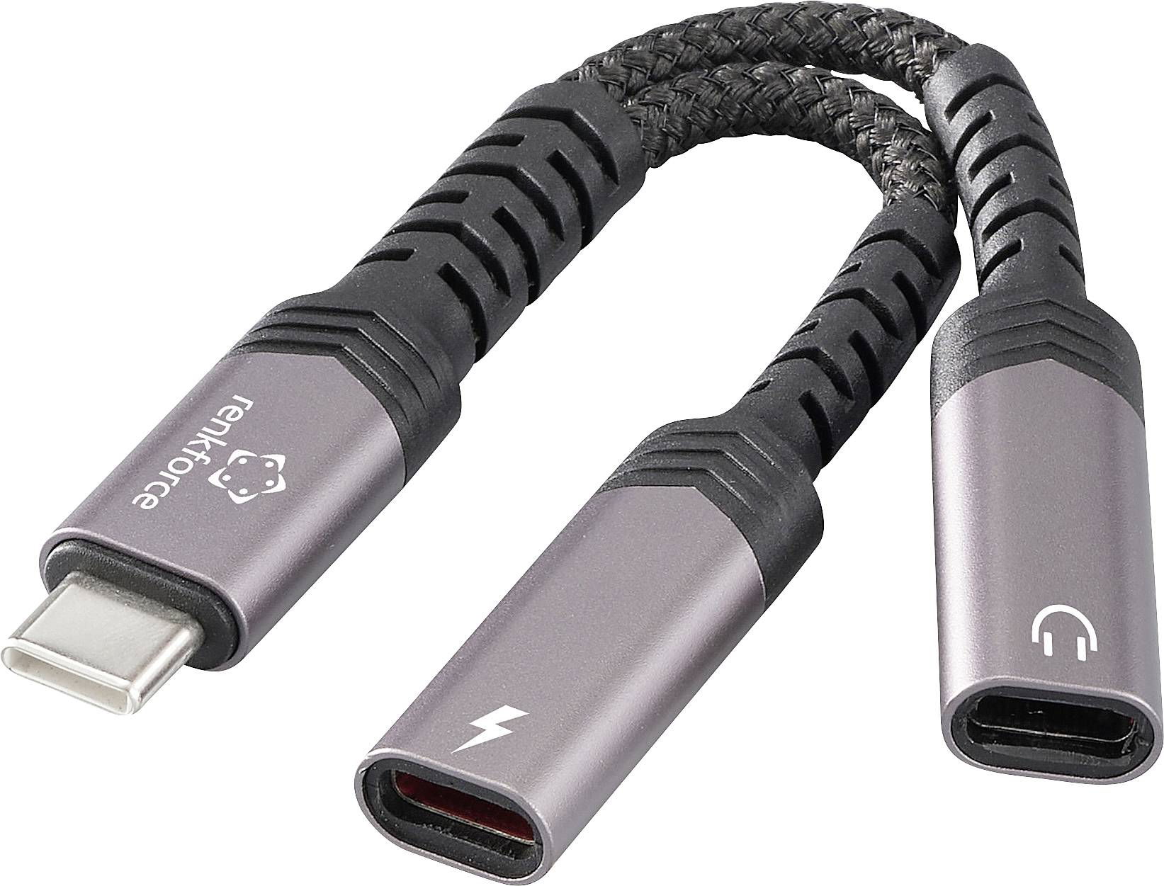A USB-C splitter with one USB-C port and one headphone jack, designed for audio and charging simultaneously.