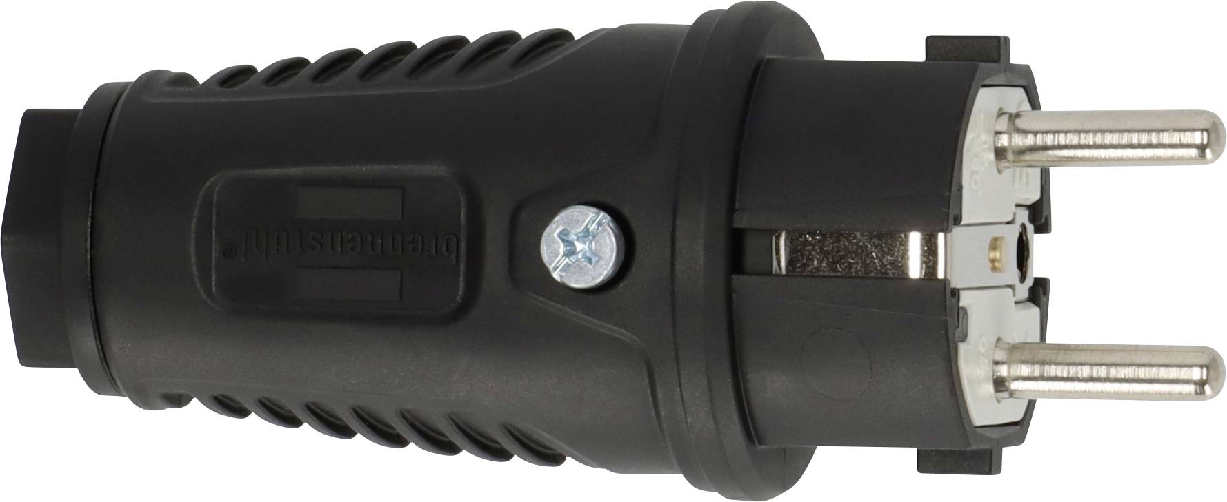 Black electrical plug with two round metal prongs, shown in side view on a white background.