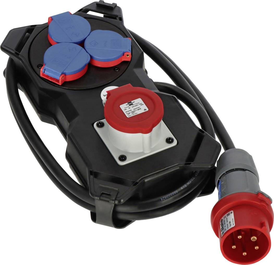 Portable electrical distribution box with multiple blue outlets, a red socket, and attached power cable with plug.