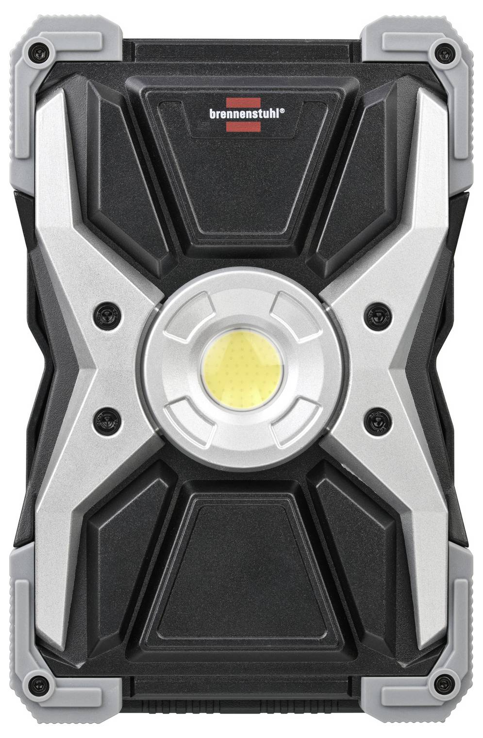 Rugged black and gray Brennenstuhl portable LED work light with a central circular yellow lamp and reinforced corner guards.