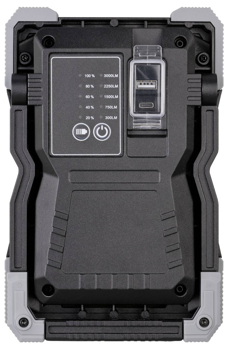 Black rectangular LED work light with battery level indicator, USB port, and rugged gray corner guards.