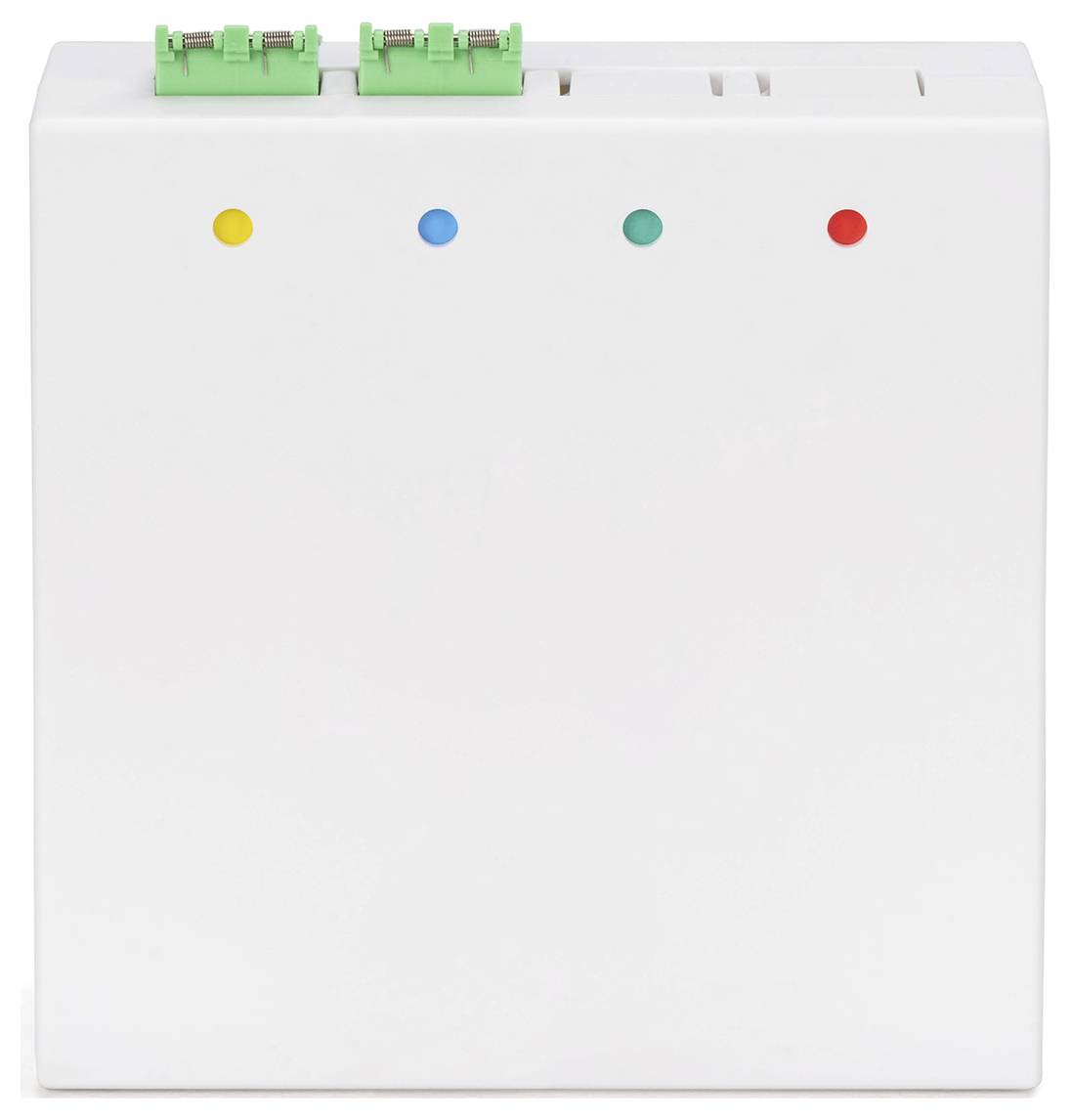 A white network terminal block with four colored indicator lights: yellow, green, blue, and red, used for optical fiber connections.