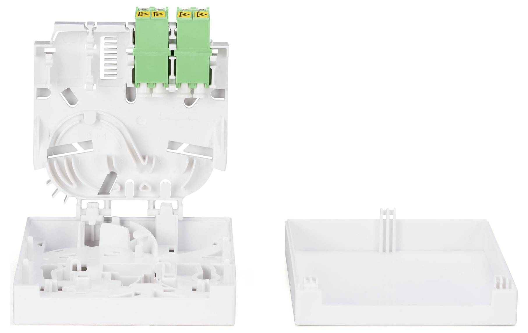 White fiber optic termination box with green couplers, shown open to reveal internal cable management features and compartments.