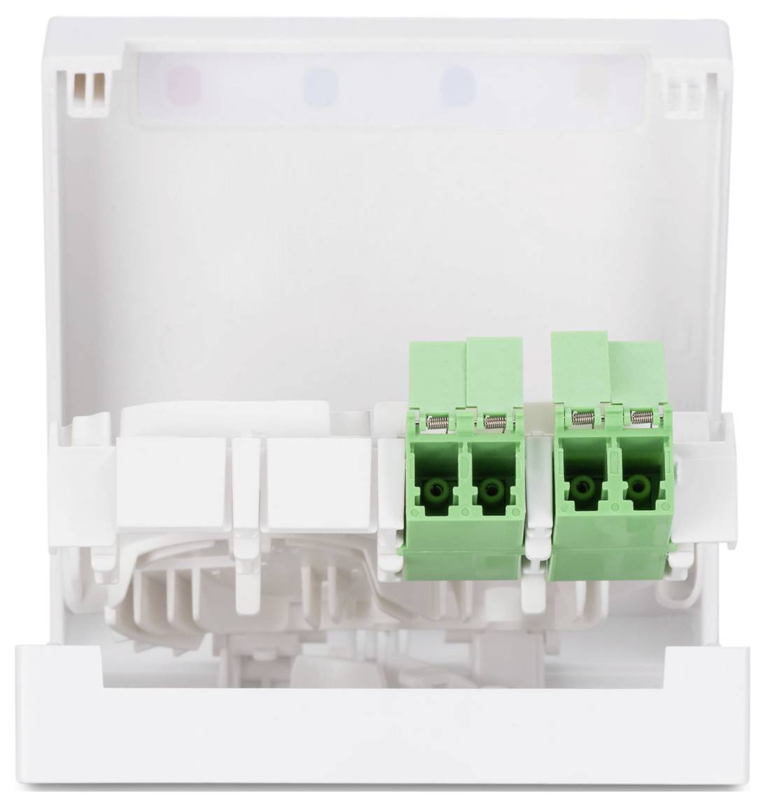 A white fiber optic termination box with two green connectors, used for managing and routing fiber optic cables in network installations.