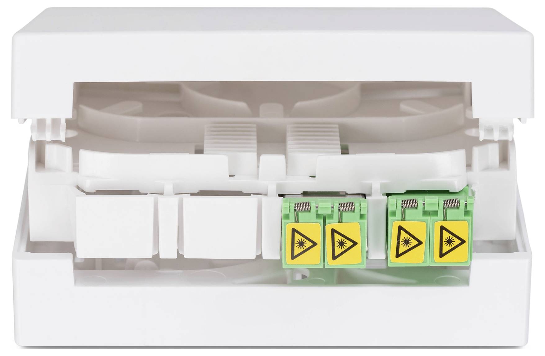 A white optical fiber termination box with multiple cable ports, featuring three green connectors with yellow triangular warning labels.