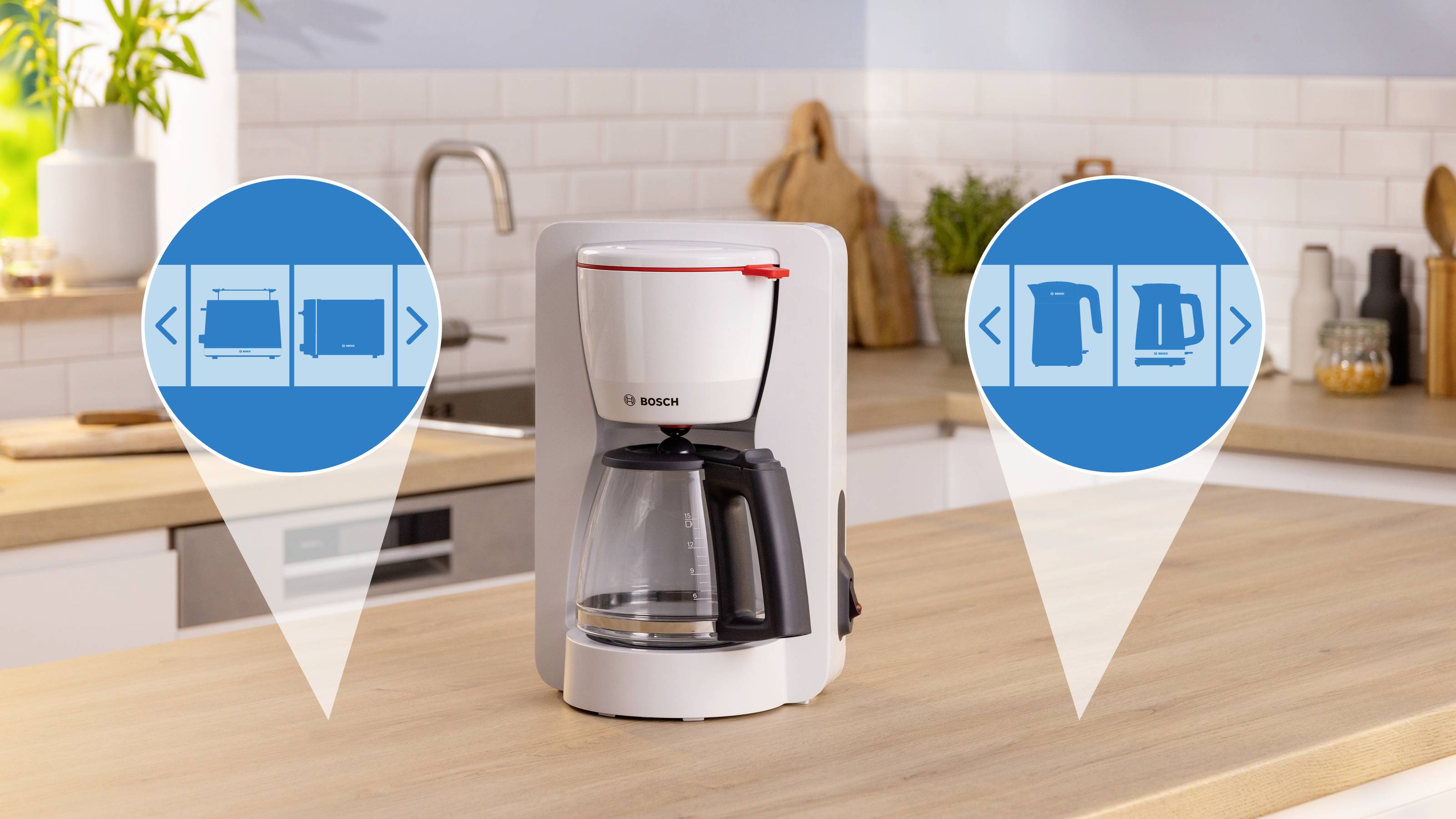 A white coffee maker with a carafe sits on a wooden kitchen counter. Two blue overlays show icons related to coffee machine functions.