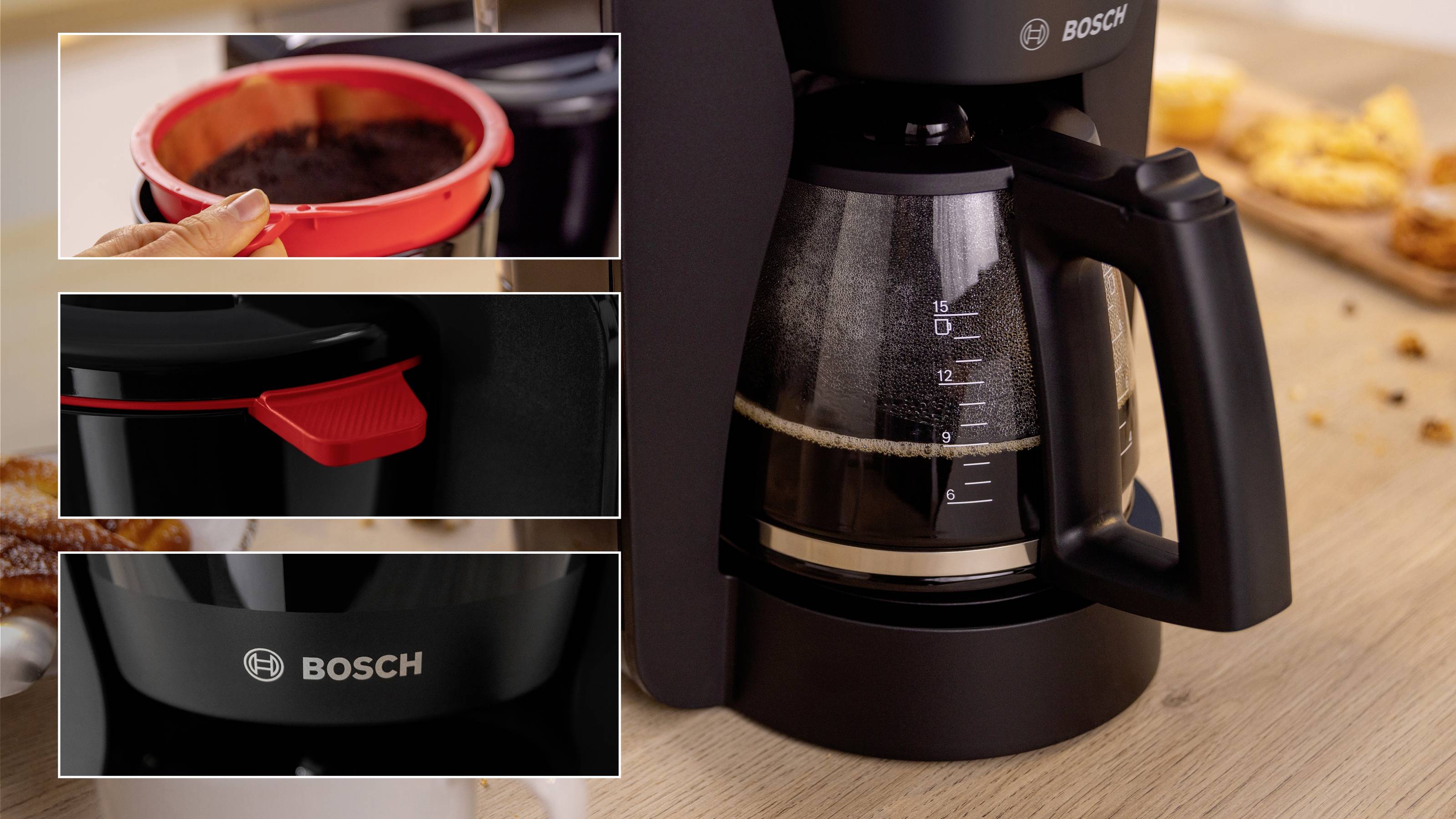 Bosch coffee maker on a counter, showing coffee grounds in a red filter, control lever, and transparent pot with measurement markings.