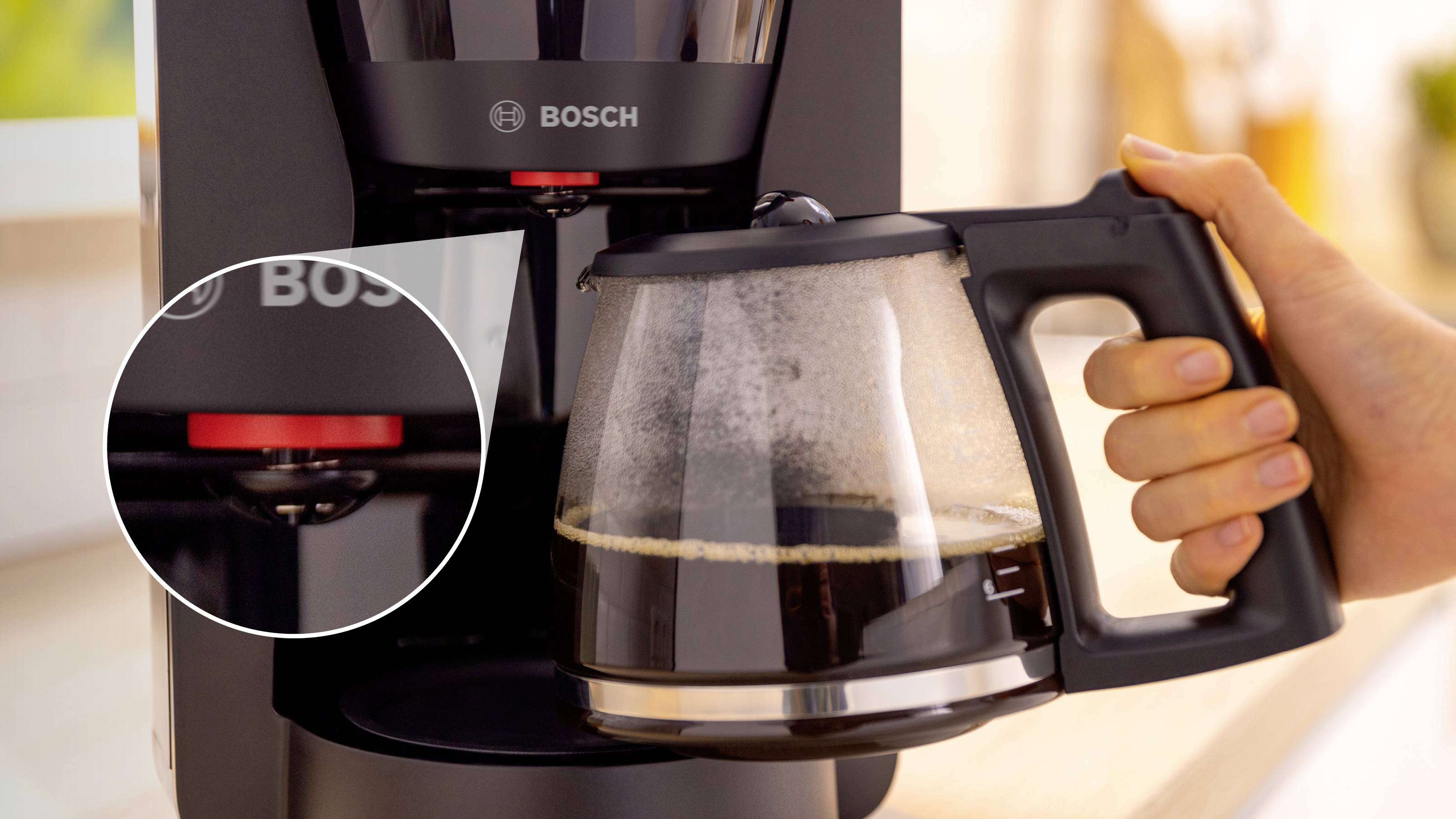 A person pours coffee from a glass pot into a machine with a visible 'BOSCH' logo. A close-up shows a red button on the machine.