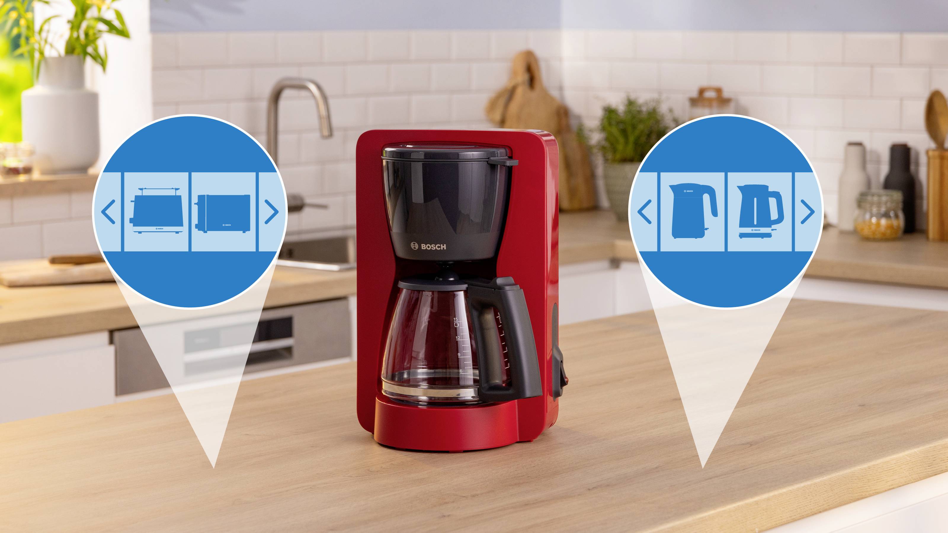 A red coffee maker sits on a kitchen counter, flanked by two blue circular overlays displaying customizable coffee settings icons.