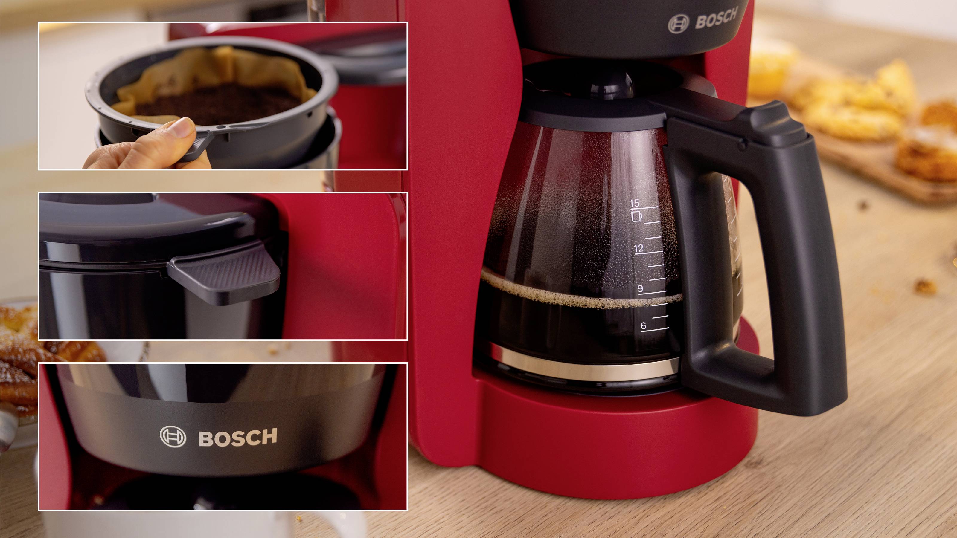 Red Bosch coffee maker brewing coffee. Inset images show a removable filter basket, a water level indicator, and a close-up of the Bosch logo.