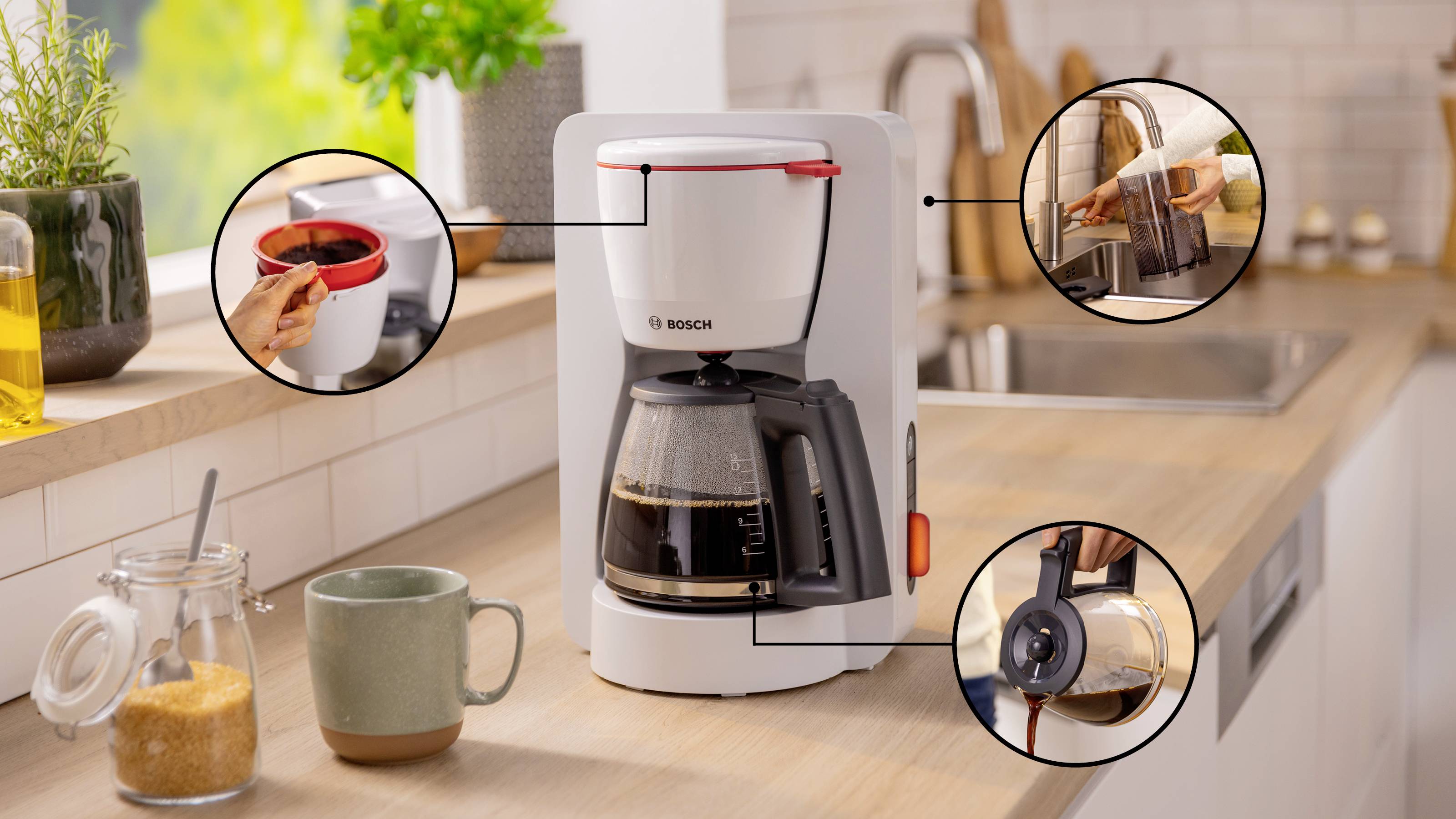 White Bosch coffee maker on a kitchen counter, showing steps: adding coffee, pouring water, and turning on the power, with brewed coffee in pot.