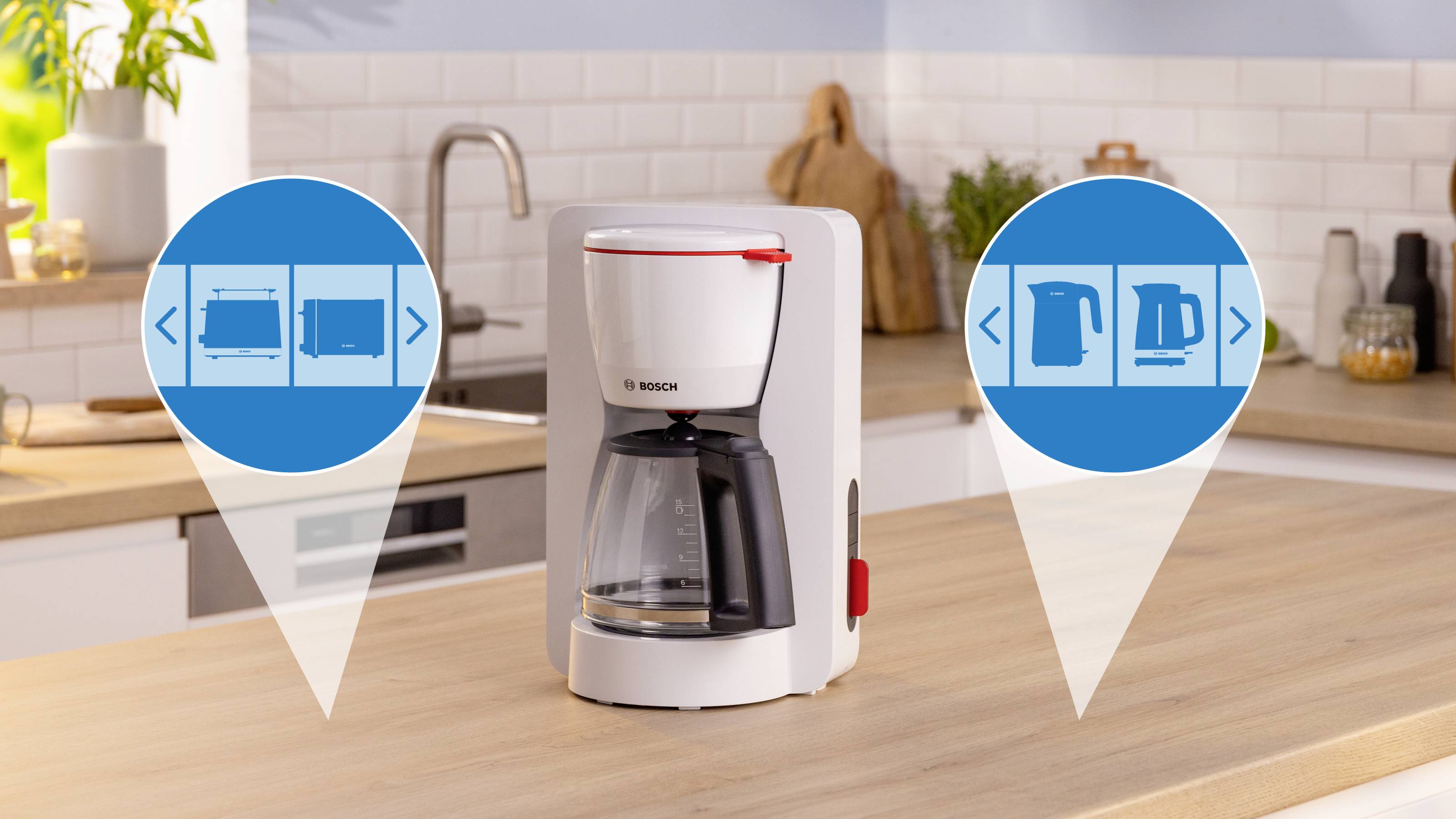 Coffee maker on a kitchen counter with icons showing brewing modes. Kitchen features wood countertops, white backsplash, and plants.
