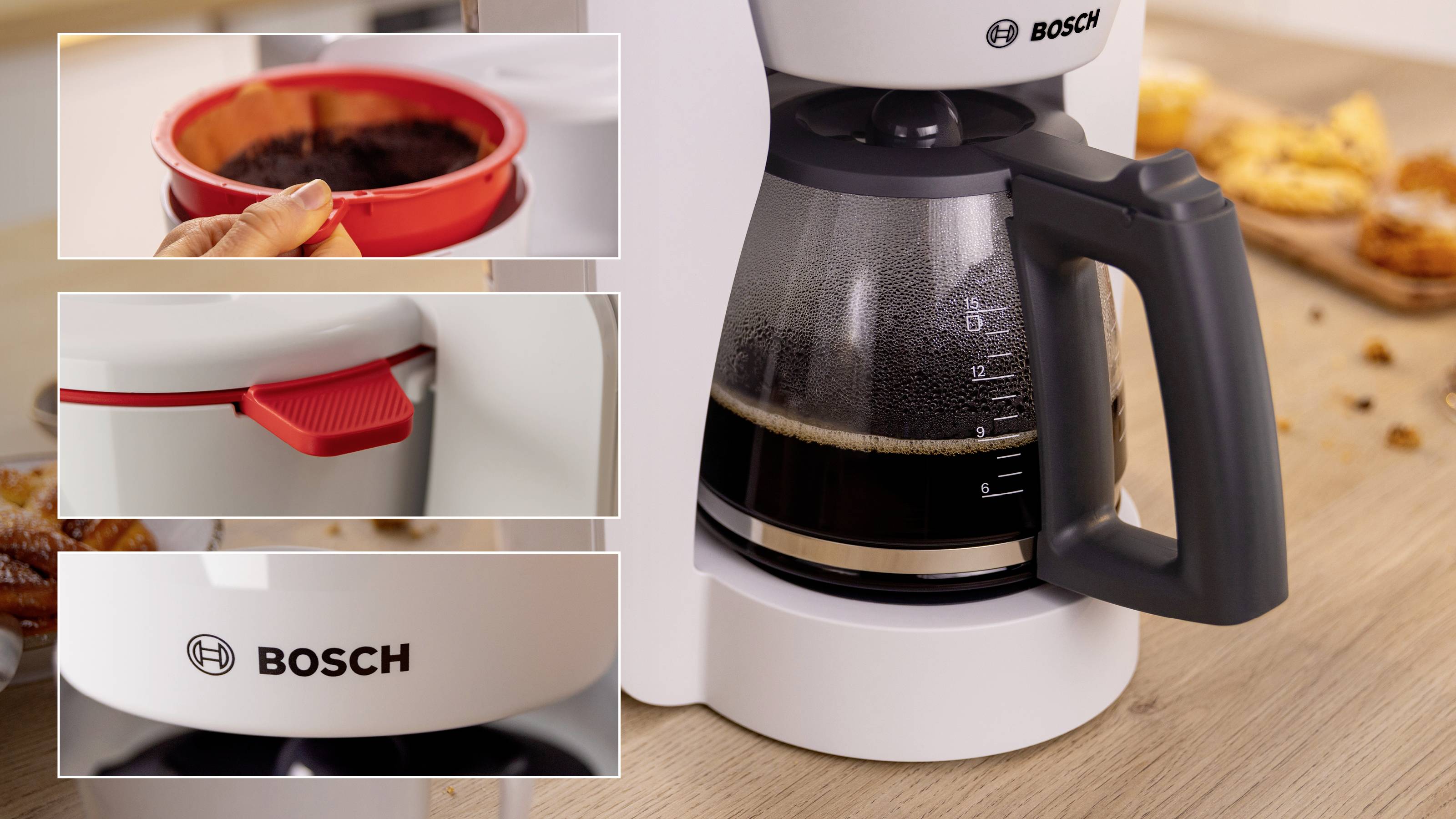 A white Bosch coffee maker with a full glass carafe. Insets show the coffee filter basket, toggle switch, and Bosch logo detail.