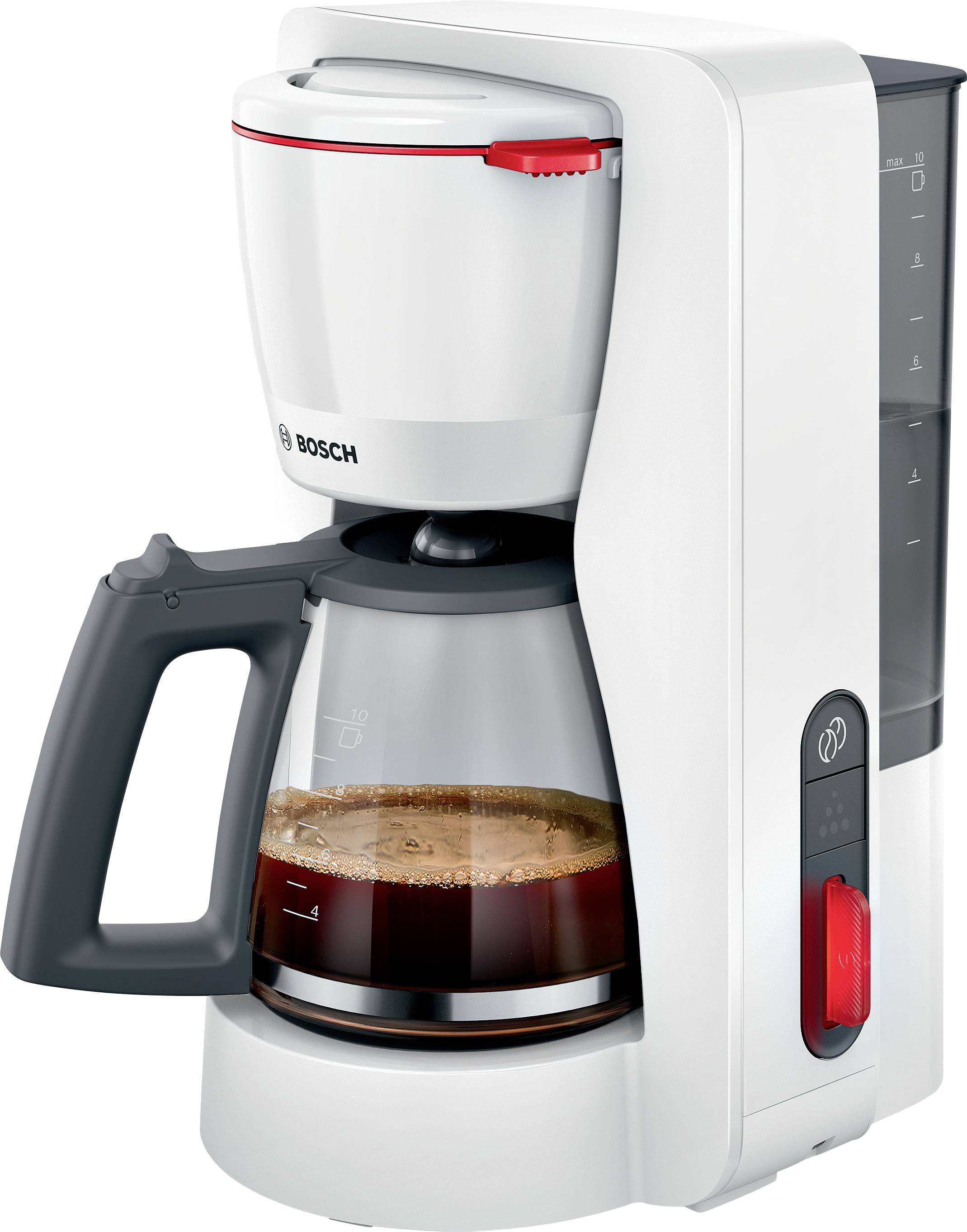 White and gray drip coffee maker with glass carafe half-filled with coffee, featuring a visible water level indicator and red start button.