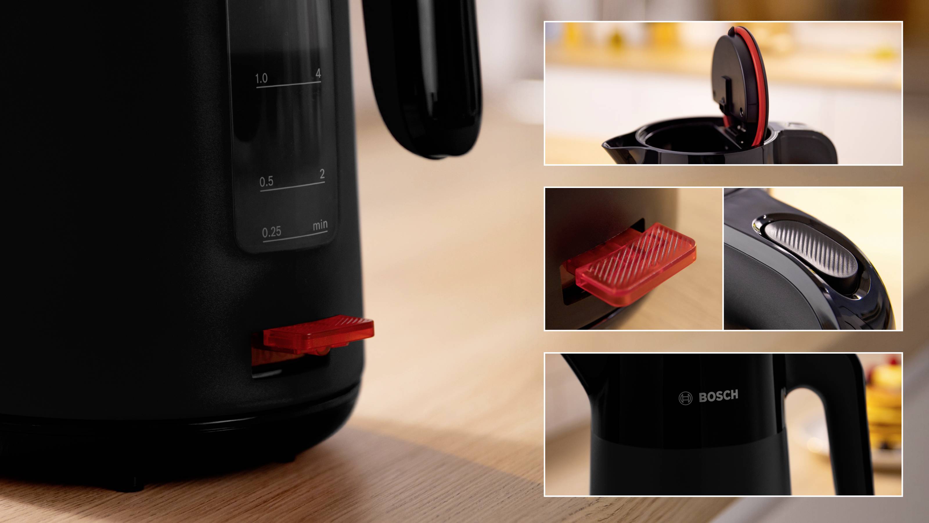 A black Bosch electric kettle with close-ups showing a water level indicator, the red power switch, lid opening, and spout filter.
