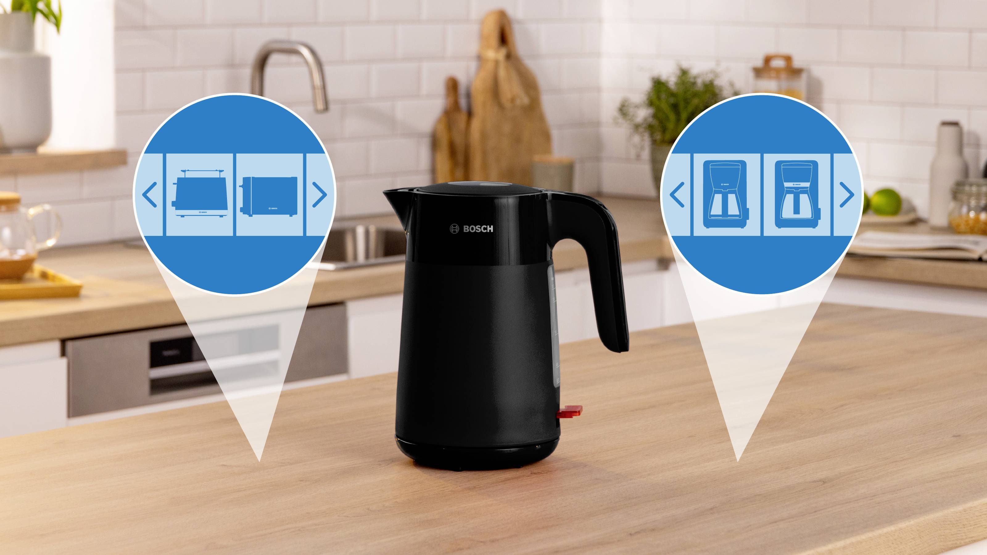 A black electric kettle sits on a kitchen countertop. Overlay icons show design features, highlighting compact size and filter options.