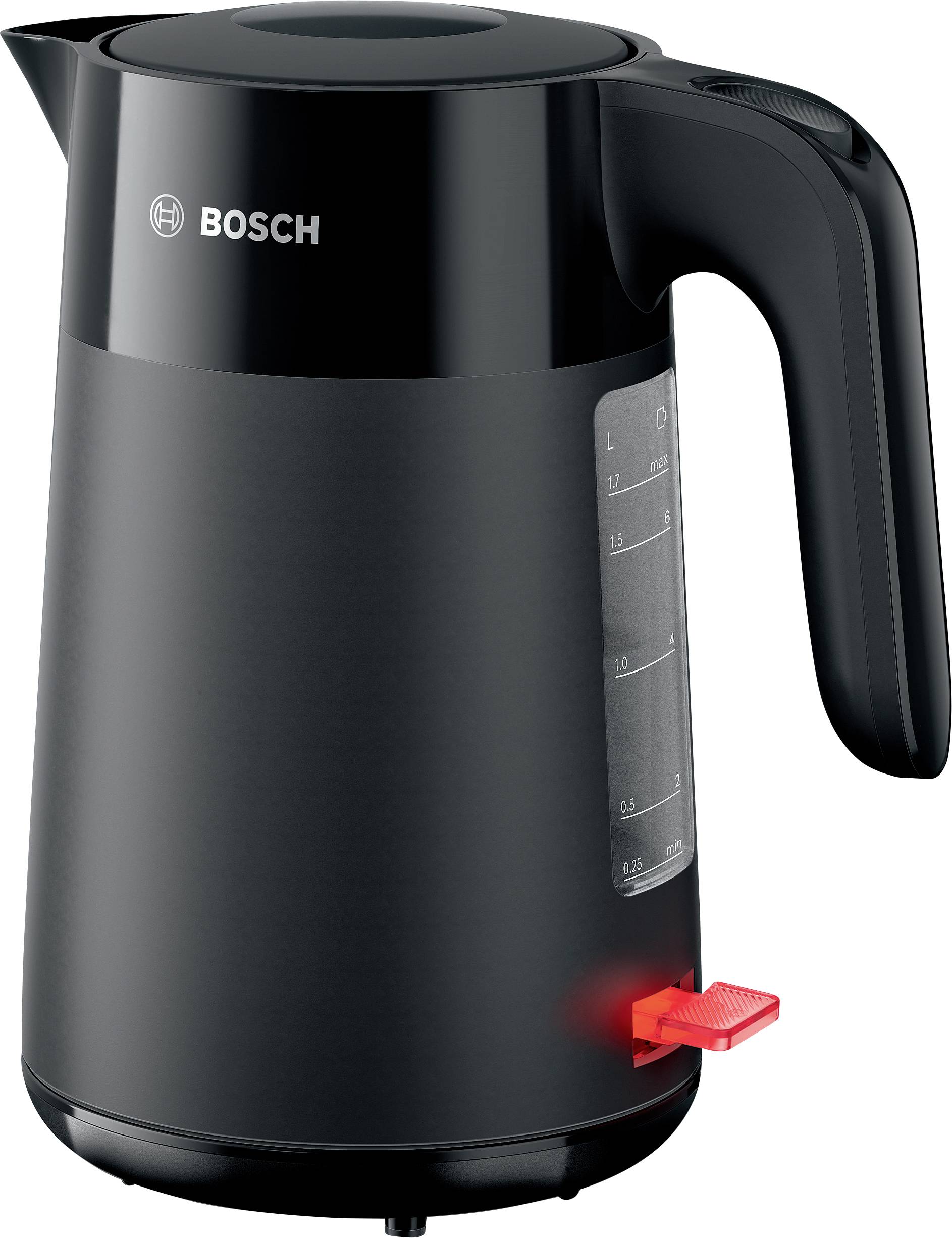 A black electric kettle with a red switch, featuring a water level indicator on the side.