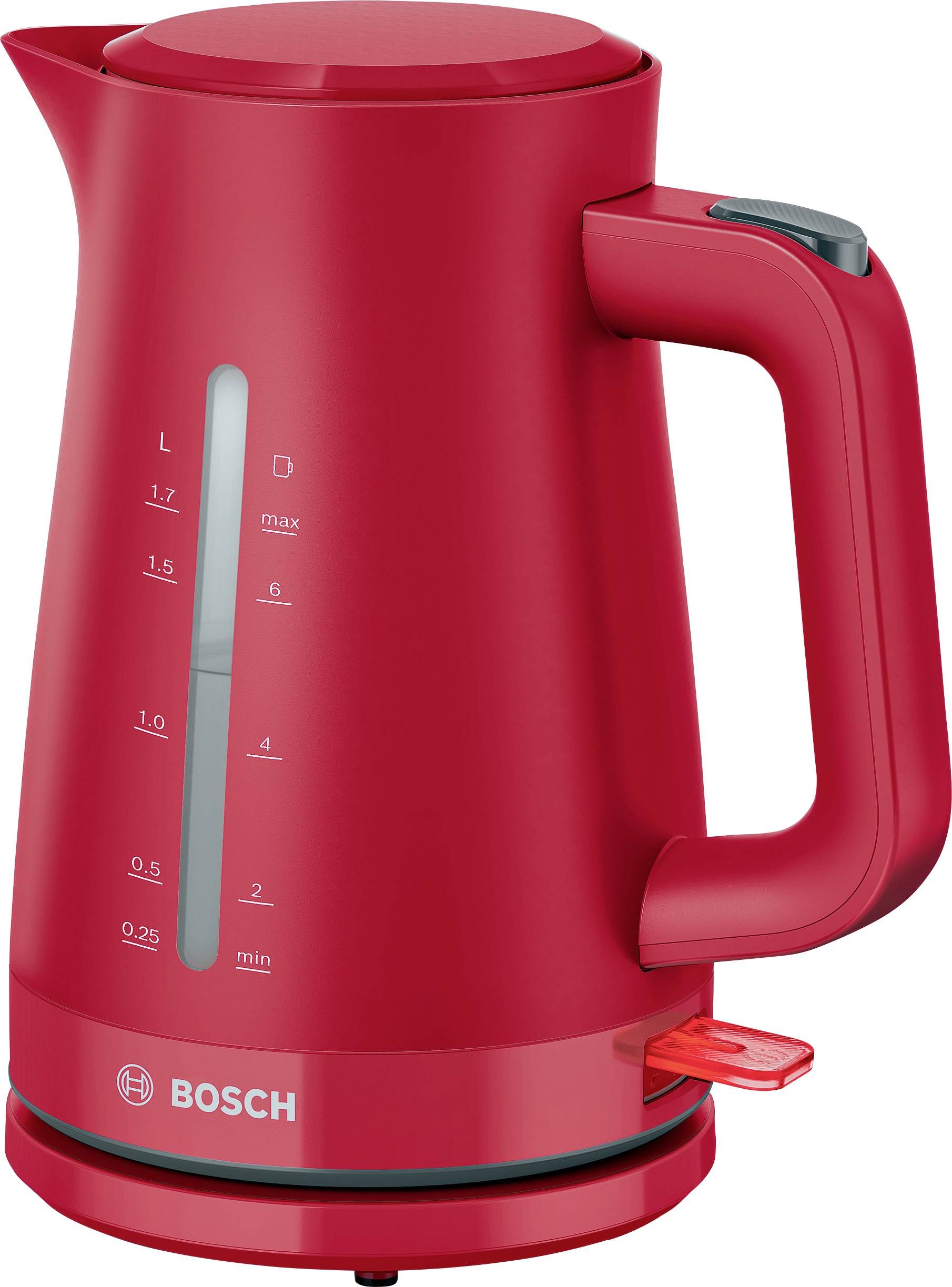 A red electric kettle with a handle and measurement markings on the side, branded 'Bosch'.