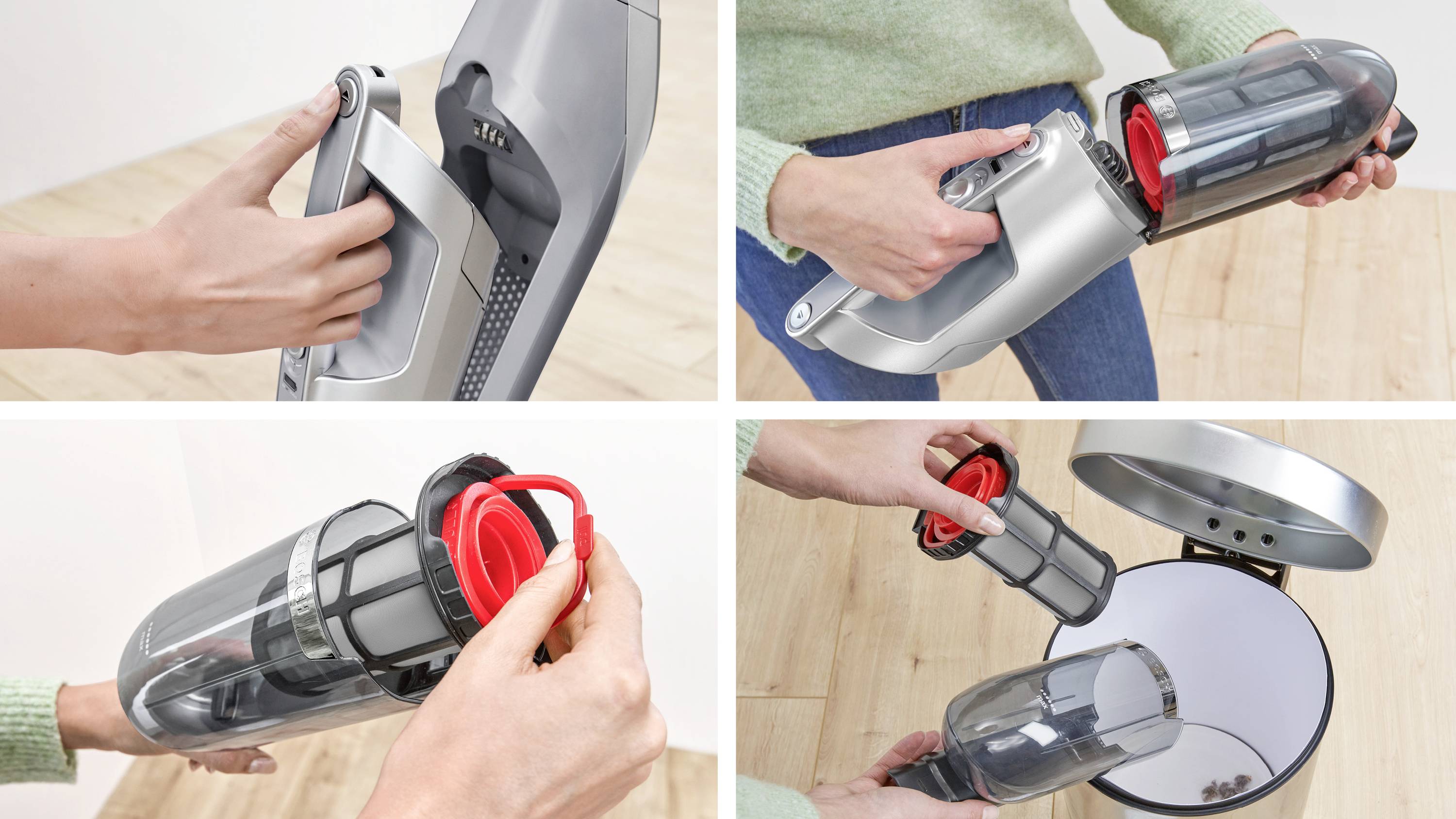 Hand using vacuum cleaner; assembling components; emptying dustbin into trash.