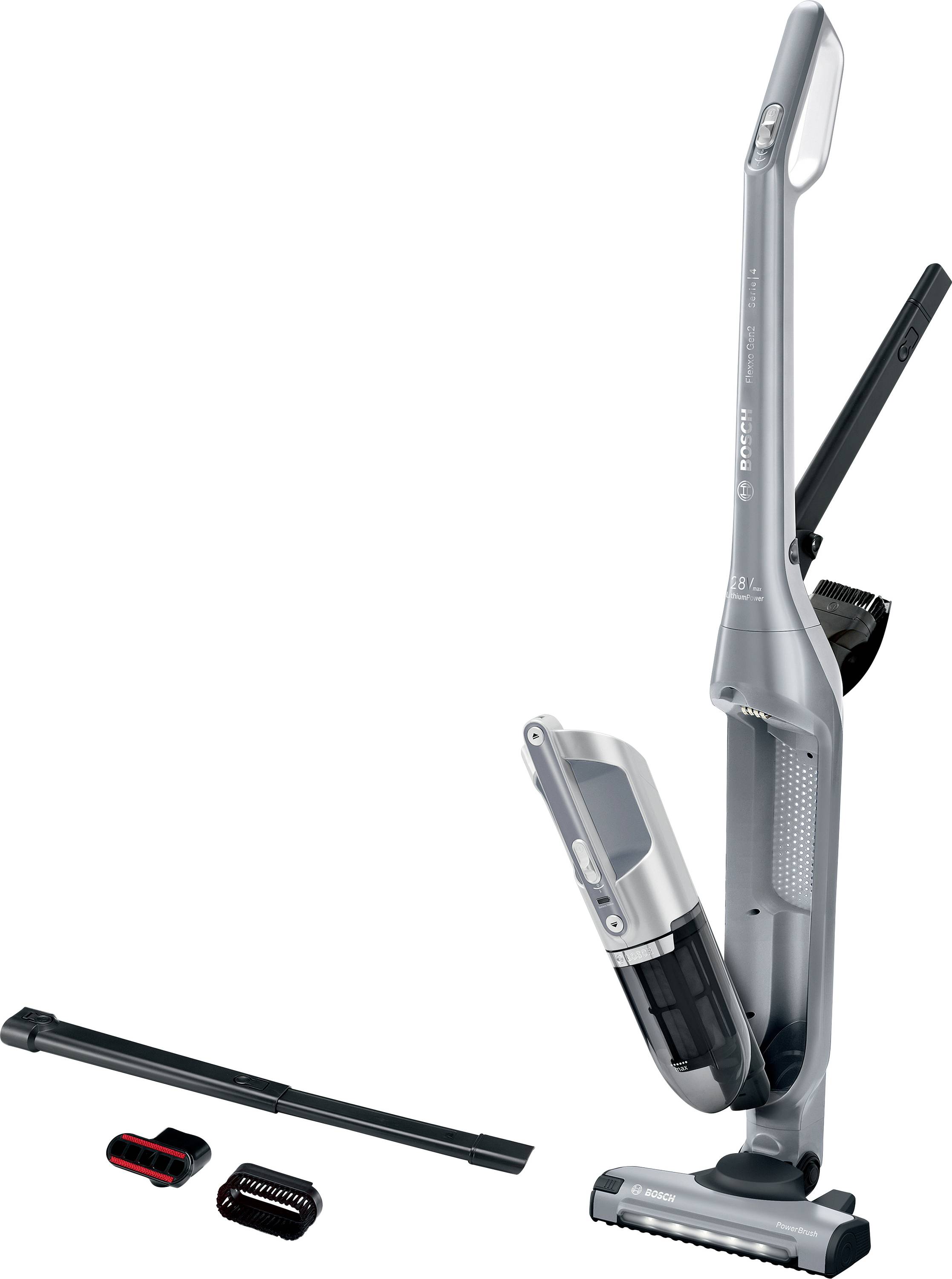A silver cordless vacuum cleaner with detachable tools, including a brush and crevice attachment, designed for versatile home cleaning.